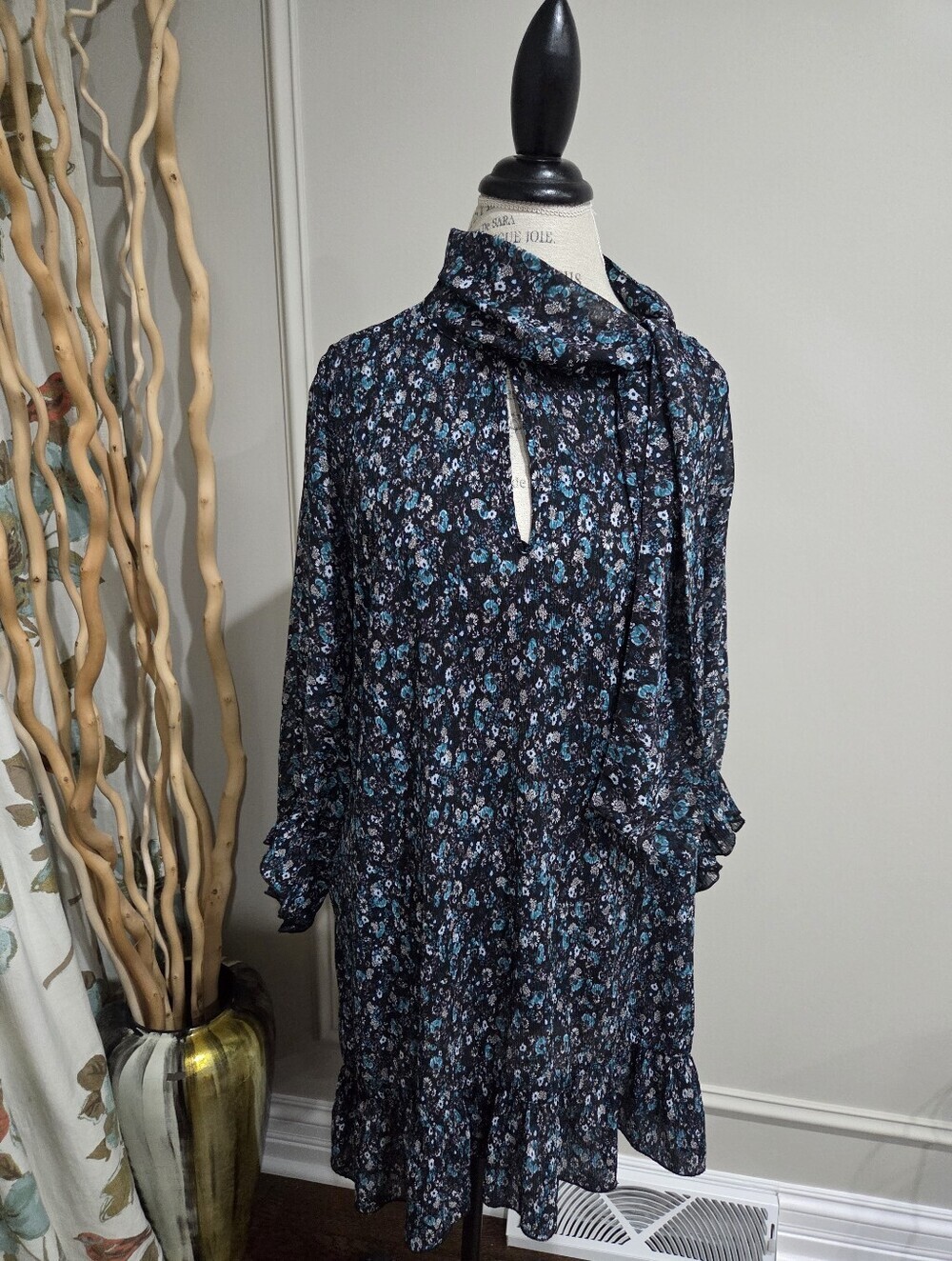 Zara Black /blue Floral Long-Sleeve Tie-Neck Dress Sz.M